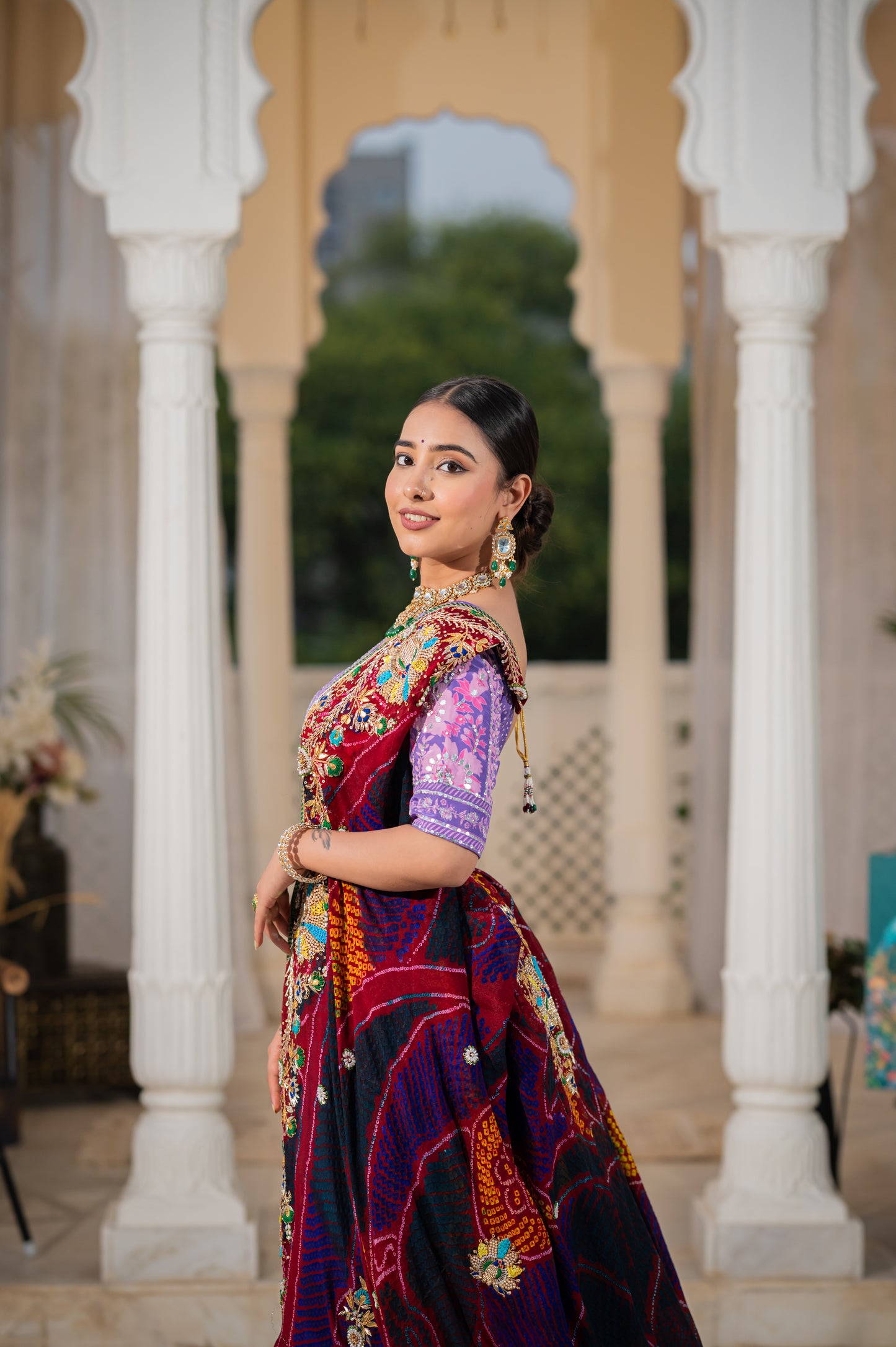 Maroon Pure Ojariya Bandhej Chunari with Zardozi Sequins Beads Peacock Motifs Gota Patti Work