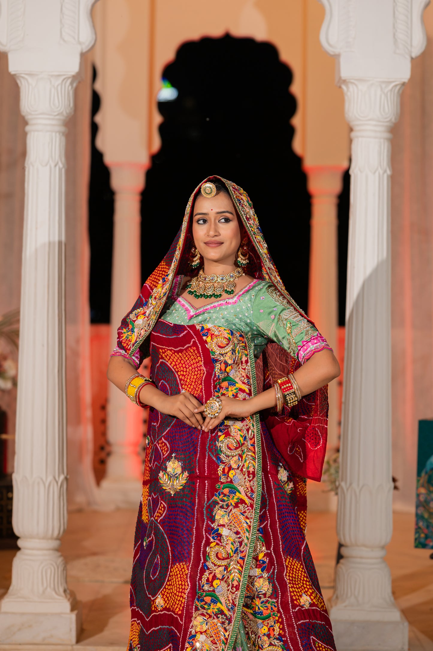 Maroon Pure Ojariya Bandhej Chunari with Marodi Zardozi and Thread Birds Motifs Sequins Work