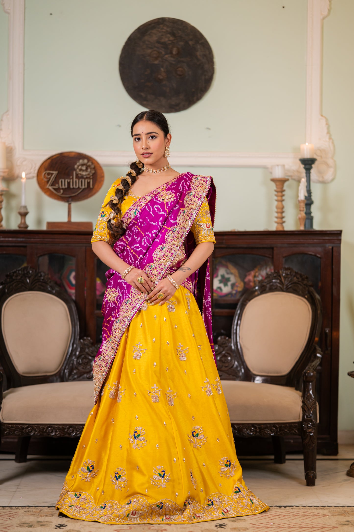 Purple Pure Ojariya Bandhej Chunari with Marodi Zardozi Thread Elephant Peacock Motifs Sequins Work