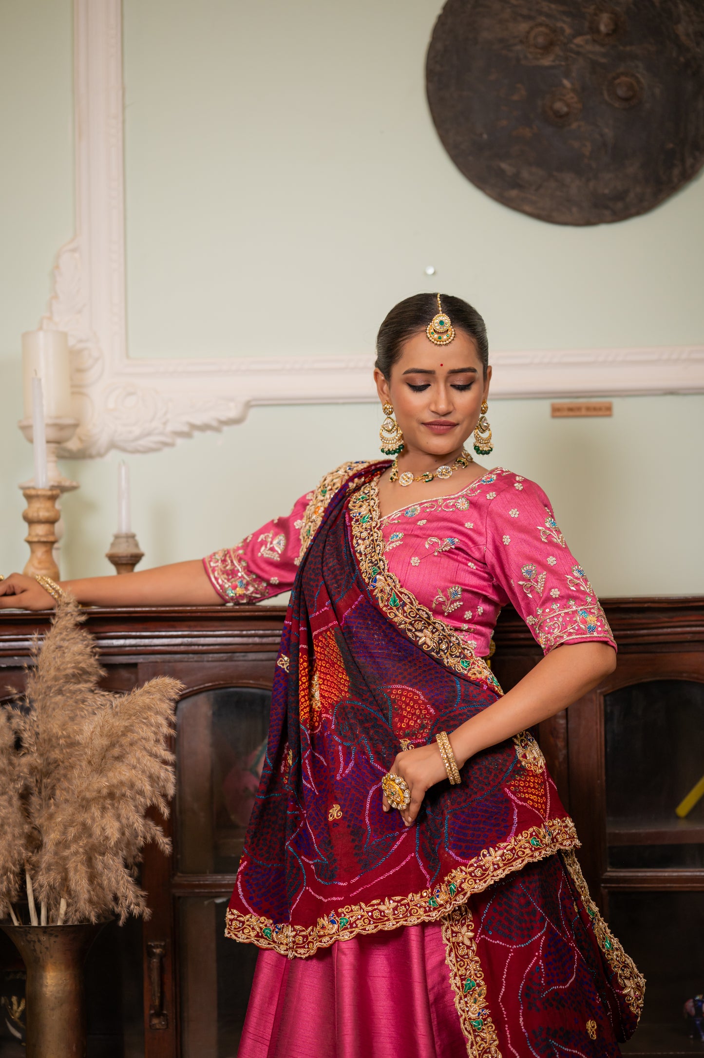 Maroon Pure Ojariya Bandhej Chunari with Zarodozi Double Peacock Motifs Sequins Work