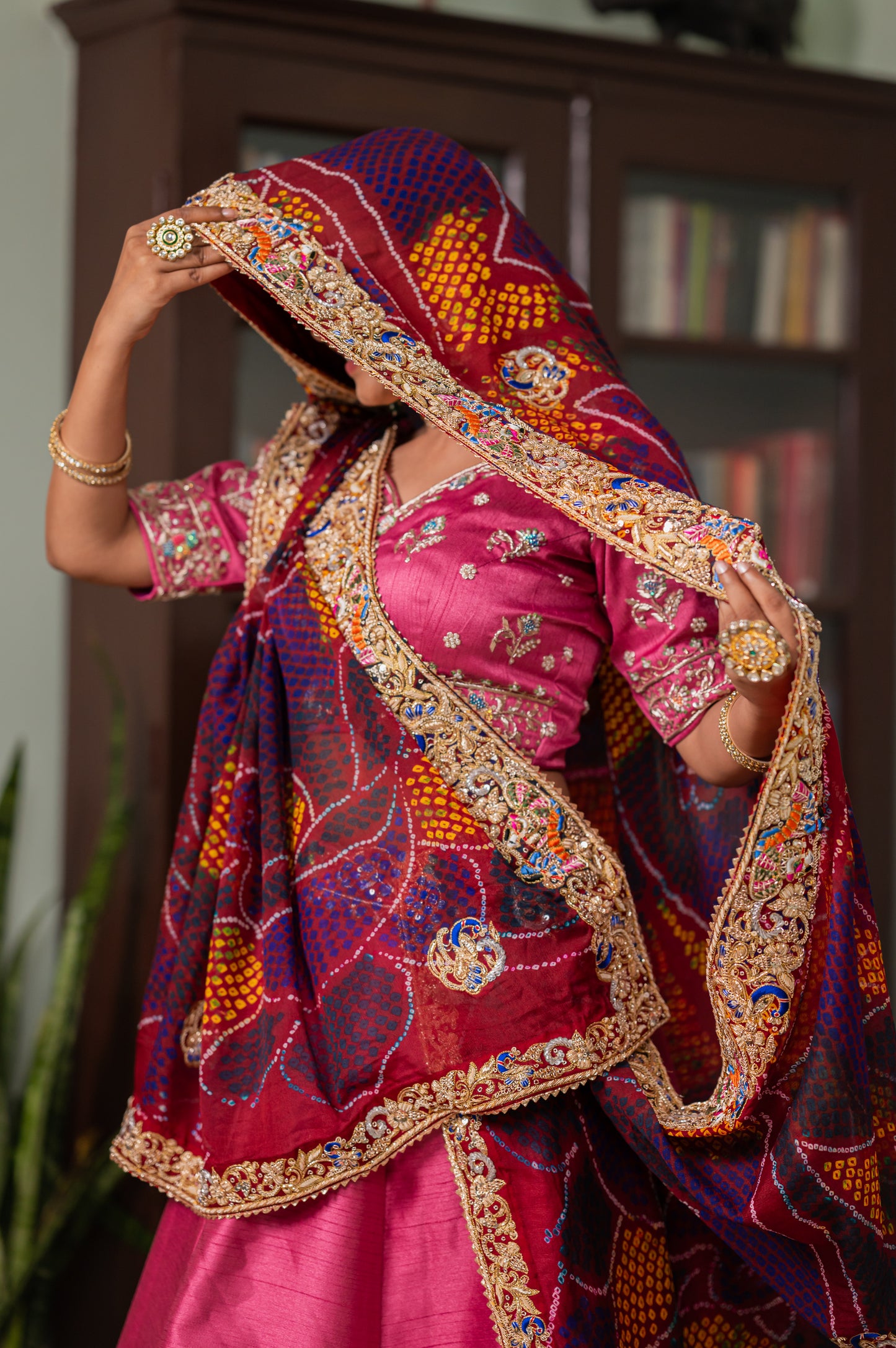 Maroon Pure Ojariya Bandhej Chunari with Zardozi Radha Yasodha Motifs Sequins Work