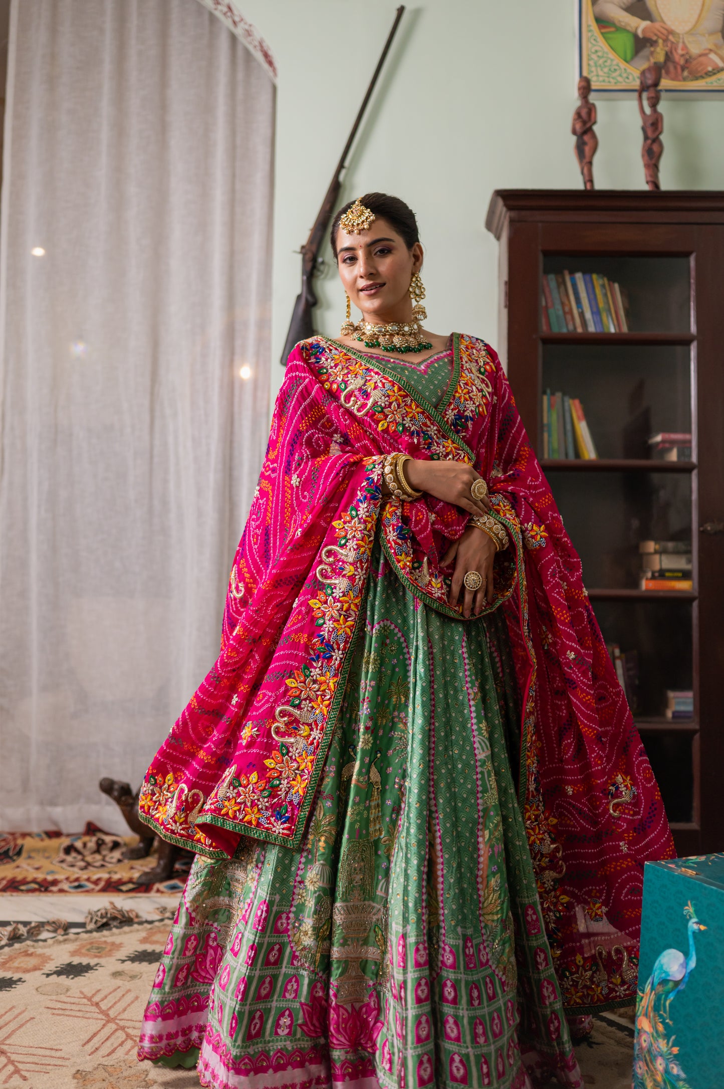 Pink Pure Ojariya Bandhej Chunari with Zardozi Double Peacock Motifs Thread Work