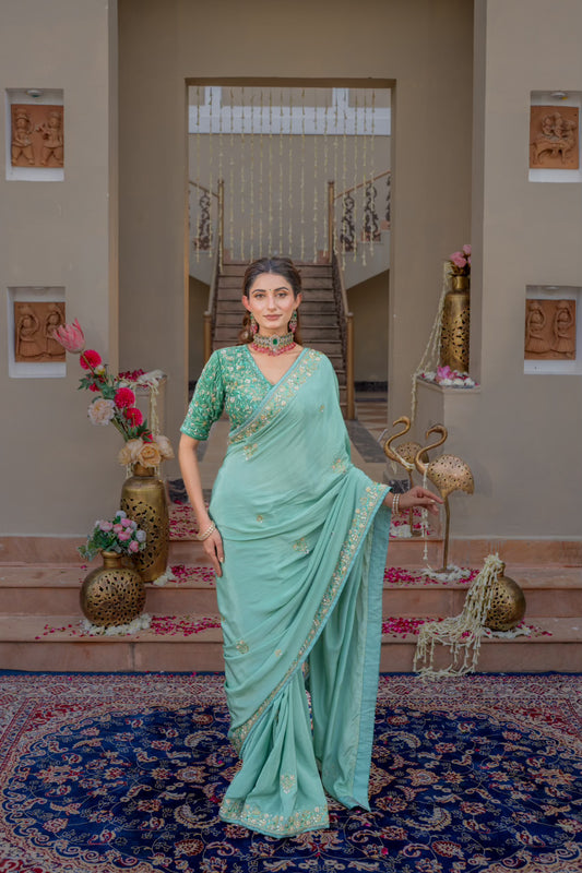 Aqua Blue Pure Silk Saree with Sequins Kardana Zardozi Pearl Work
