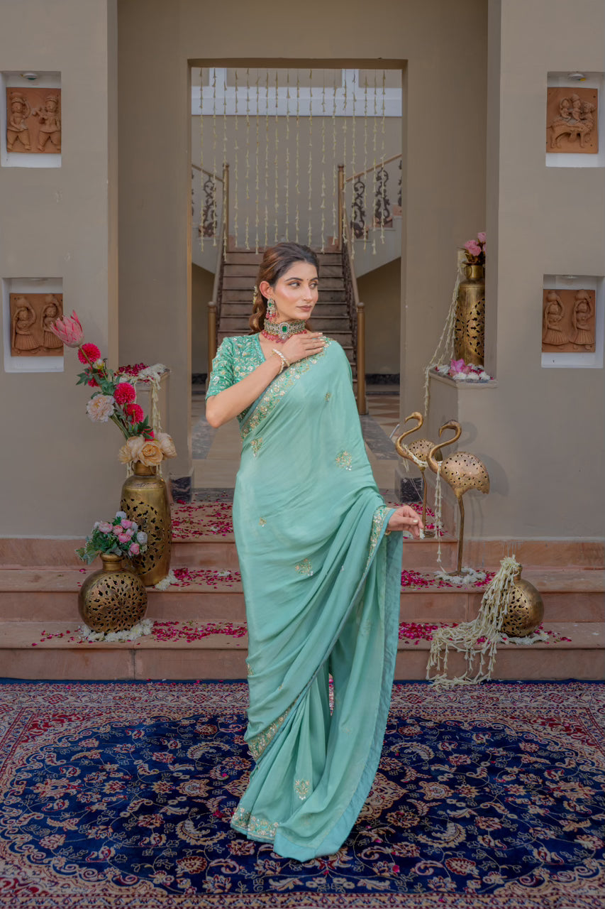 Aqua Blue Pure Silk Saree with Sequins Kardana Zardozi Pearl Work