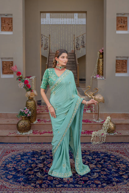 Aqua Blue Pure Silk Saree with Sequins Kardana Zardozi Pearl Work