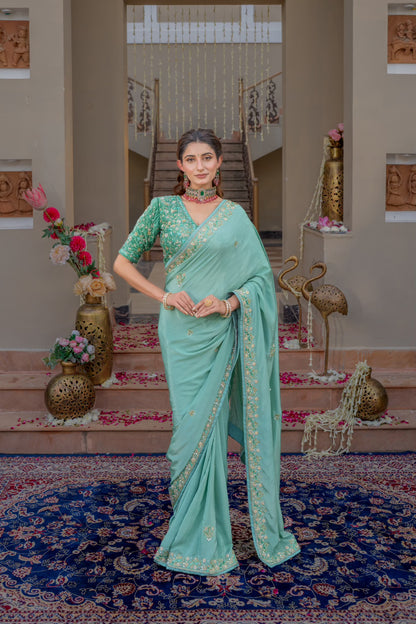 Aqua Blue Pure Silk Saree with Sequins Kardana Zardozi Pearl Work