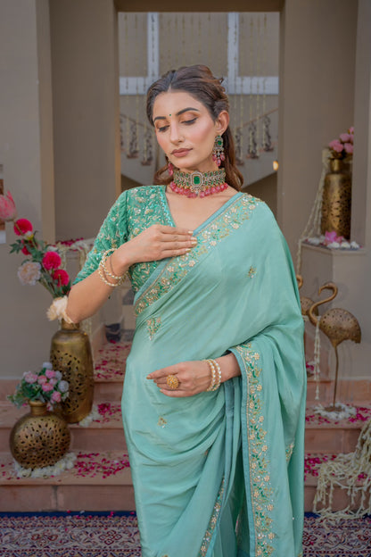 Aqua Blue Pure Silk Saree with Sequins Kardana Zardozi Pearl Work