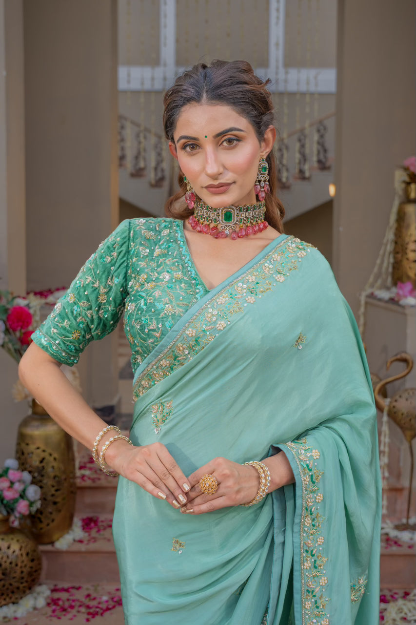 Aqua Blue Pure Silk Saree with Sequins Kardana Zardozi Pearl Work