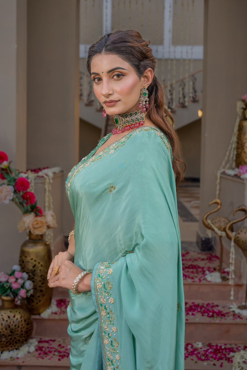 Aqua Blue Pure Silk Saree with Sequins Kardana Zardozi Pearl Work