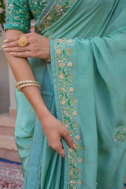 Aqua Blue Pure Silk Saree with Sequins Kardana Zardozi Pearl Work