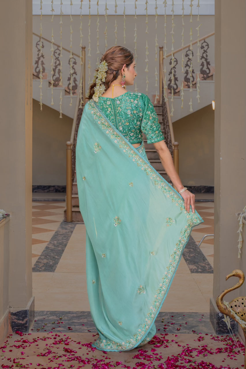 Aqua Blue Pure Silk Saree with Sequins Kardana Zardozi Pearl Work