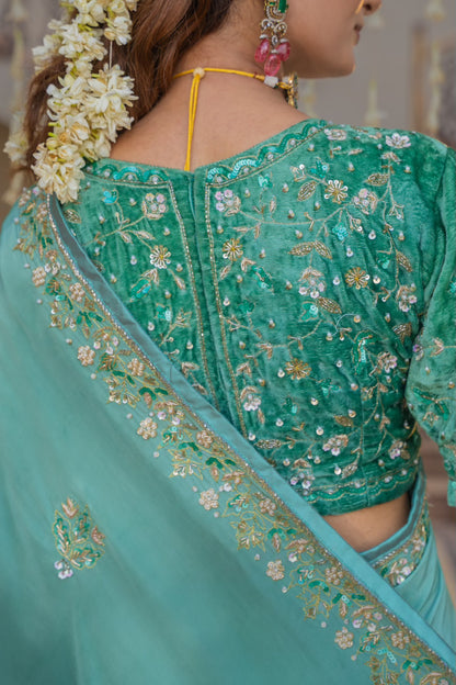 Aqua Blue Pure Silk Saree with Sequins Kardana Zardozi Pearl Work