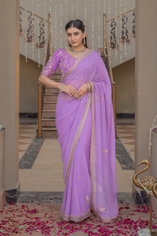 Lavender Chiffon Saree with Zardozi Sequins Kardana Pearl Work