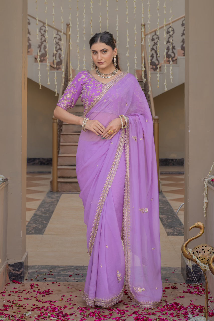Lavender Chiffon Saree with Zardozi Sequins Kardana Pearl Work