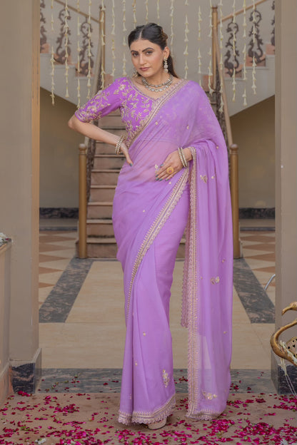Lavender Chiffon Saree with Zardozi Sequins Kardana Pearl Work