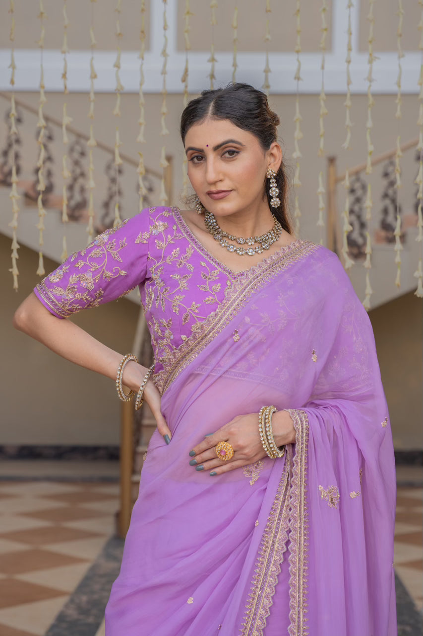 Lavender Chiffon Saree with Zardozi Sequins Kardana Pearl Work