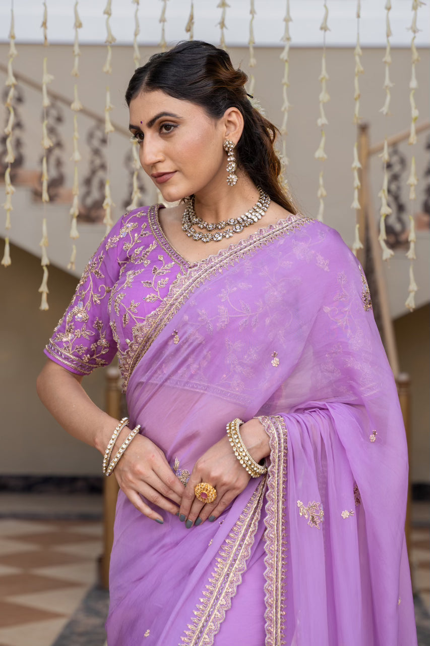 Lavender Chiffon Saree with Zardozi Sequins Kardana Pearl Work