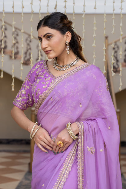 Lavender Chiffon Saree with Zardozi Sequins Kardana Pearl Work