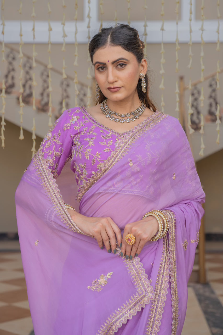 Lavender Chiffon Saree with Zardozi Sequins Kardana Pearl Work