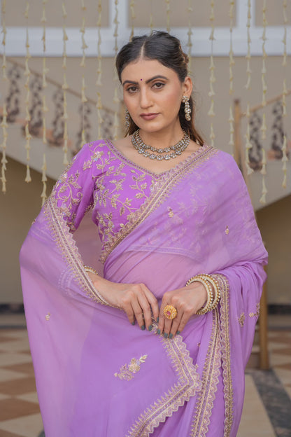Lavender Chiffon Saree with Zardozi Sequins Kardana Pearl Work