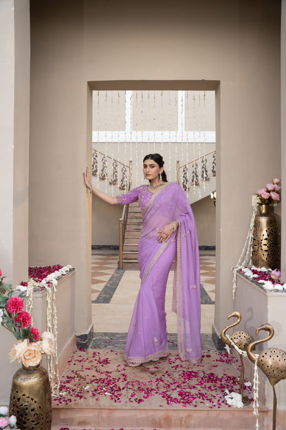 Lavender Chiffon Saree with Zardozi Sequins Kardana Pearl Work