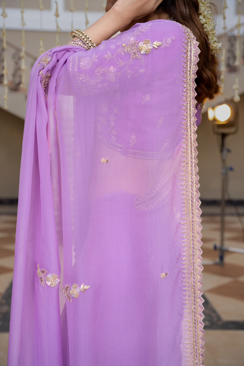 Lavender Chiffon Saree with Zardozi Sequins Kardana Pearl Work