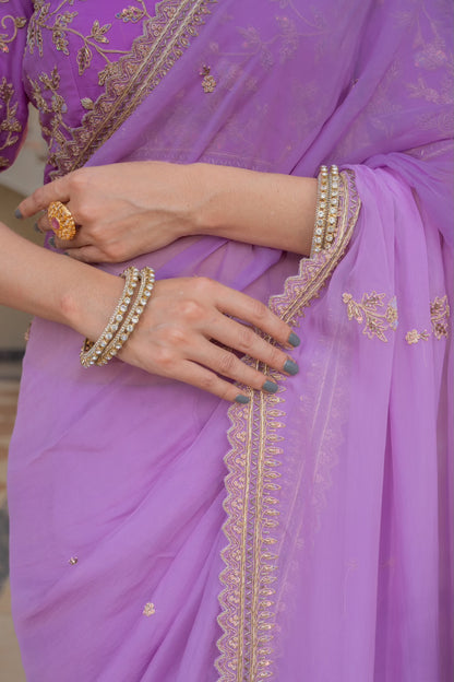 Lavender Chiffon Saree with Zardozi Sequins Kardana Pearl Work