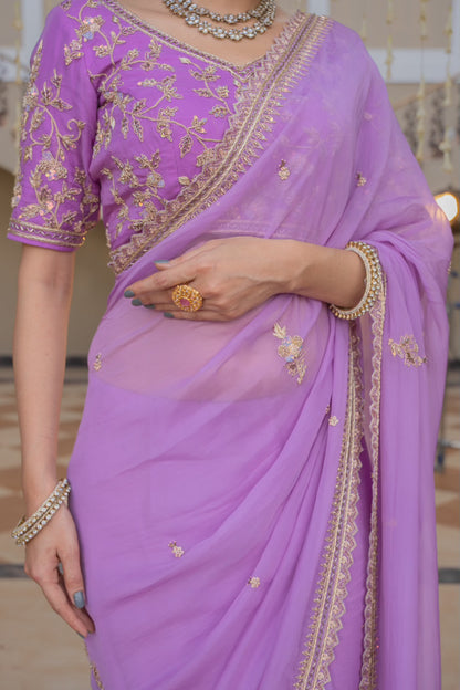 Lavender Chiffon Saree with Zardozi Sequins Kardana Pearl Work