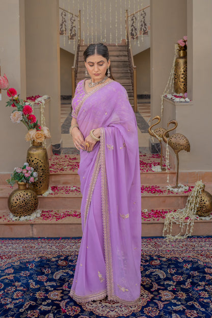 Lavender Chiffon Saree with Zardozi Sequins Kardana Pearl Work