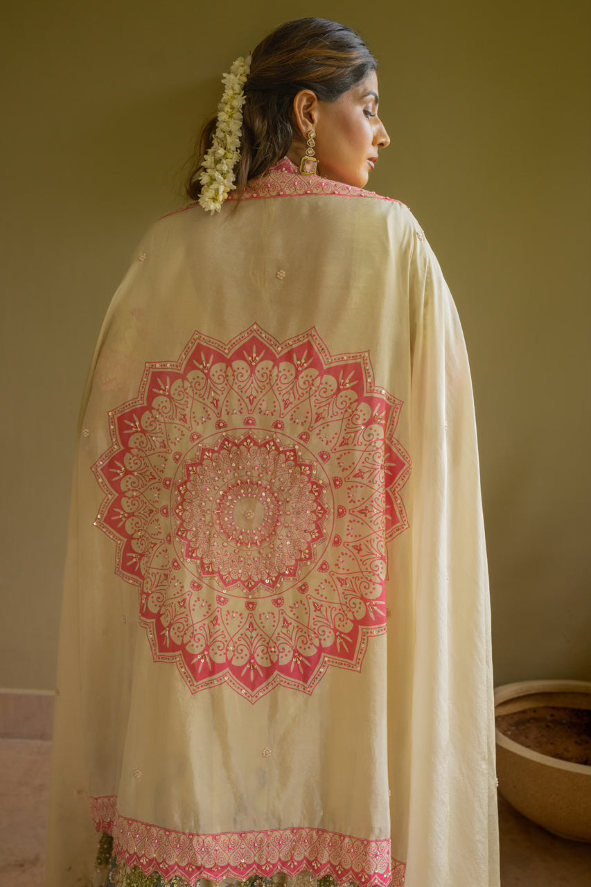 Beige Tissue Digital Print Lehenga with Sequins Kardana Marodi Work