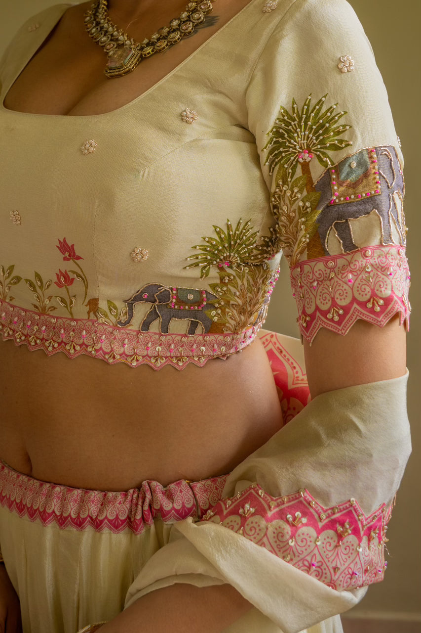 Beige Tissue Digital Print Lehenga with Sequins Kardana Marodi Work