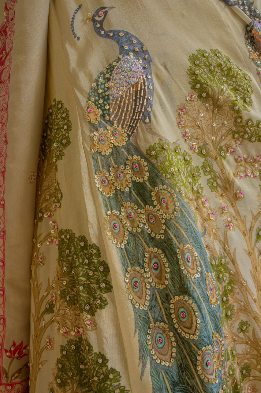 Beige Tissue Digital Print Lehenga with Sequins Kardana Marodi Work