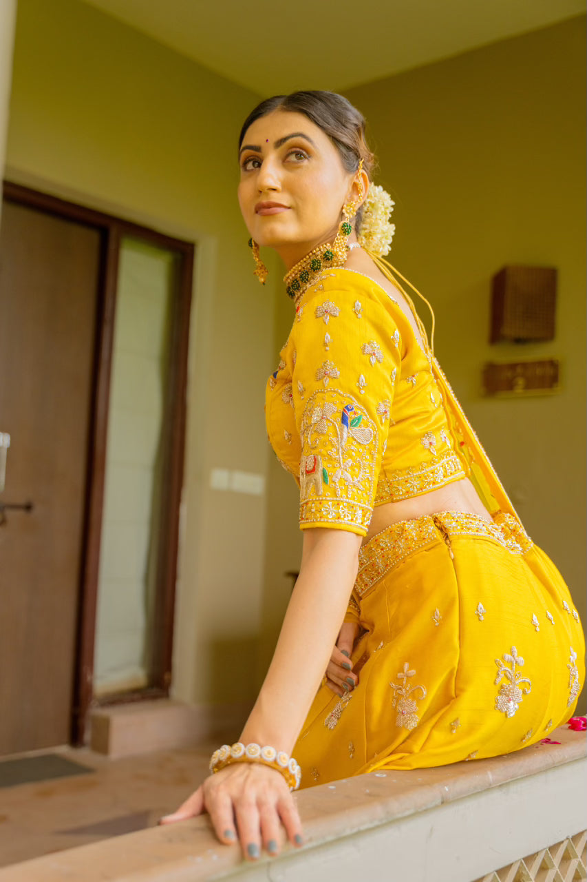 Yellow Raw Silk Lehenga with Zardozi Sequins Thread Peacock Elephant Motif Work
