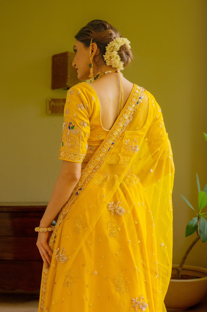Yellow Raw Silk Lehenga with Zardozi Sequins Thread Peacock Elephant Motif Work