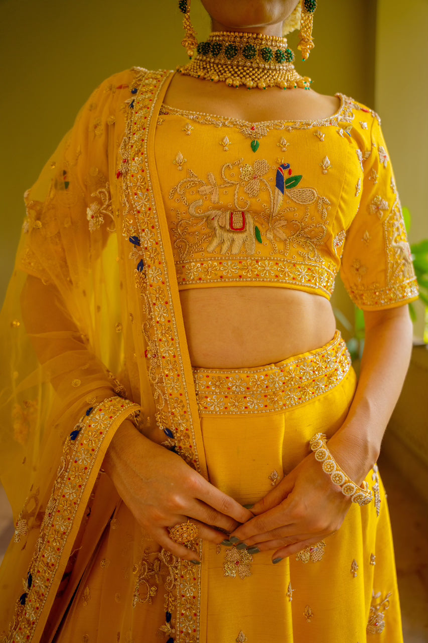 Yellow Raw Silk Lehenga with Zardozi Sequins Thread Peacock Elephant Motif Work