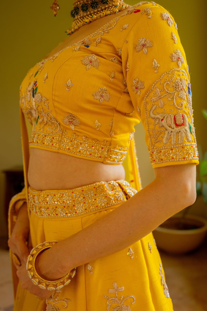 Yellow Raw Silk Lehenga with Zardozi Sequins Thread Peacock Elephant Motif Work