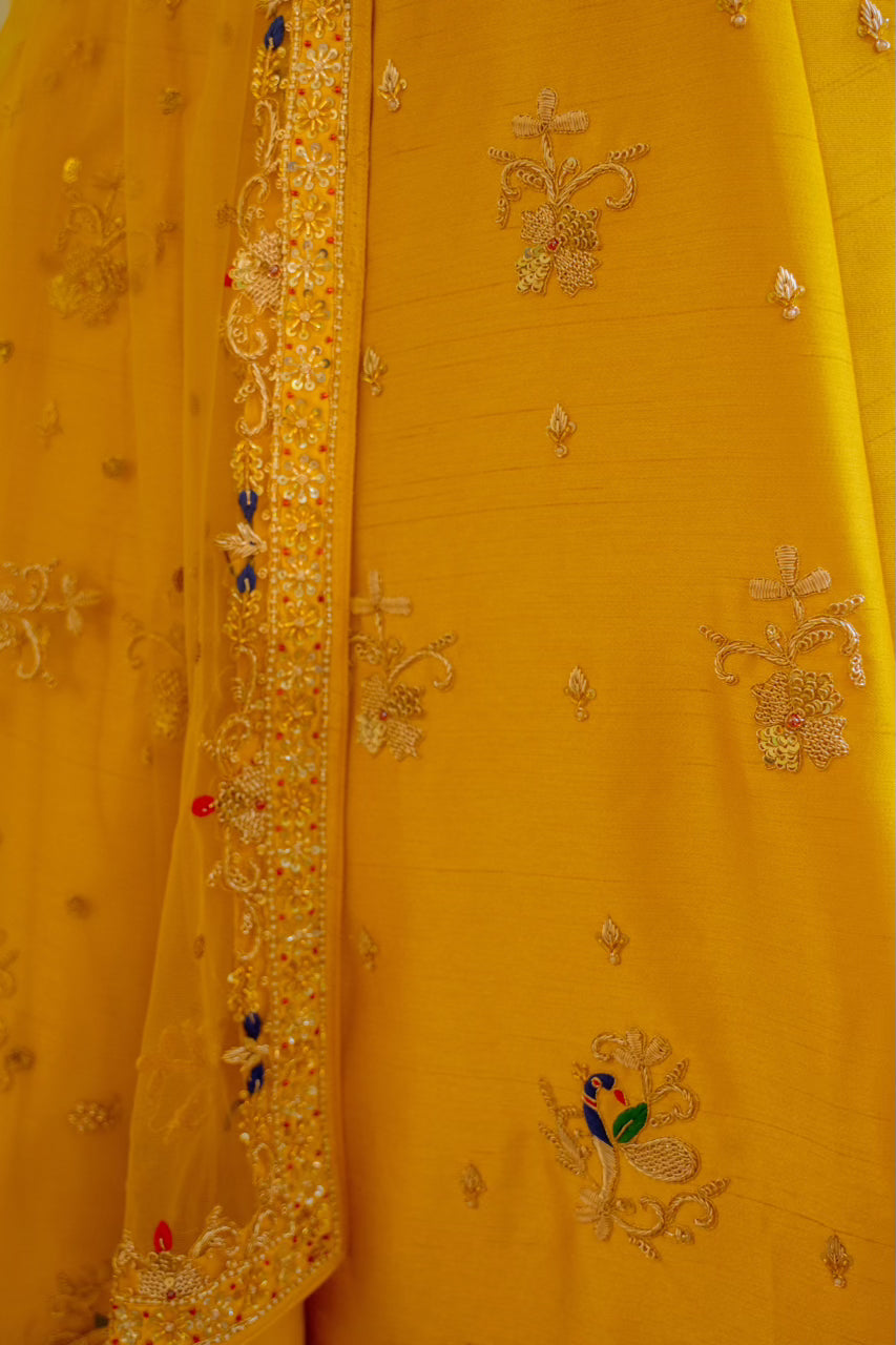 Yellow Raw Silk Lehenga with Zardozi Sequins Thread Peacock Elephant Motif Work