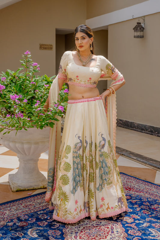 Beige Tissue Digital Print Lehenga with Sequins Kardana Marodi Work