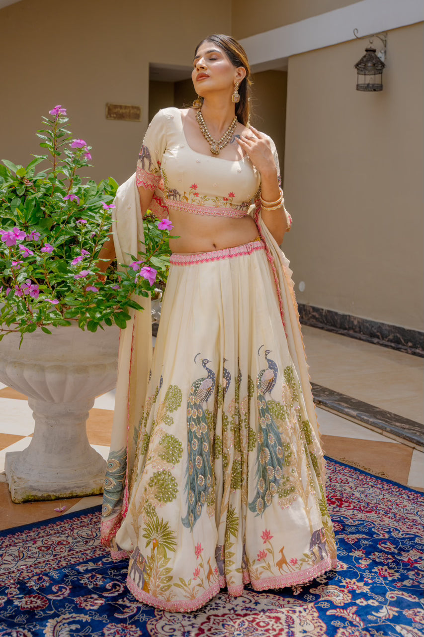 Beige Tissue Digital Print Lehenga with Sequins Kardana Marodi Work