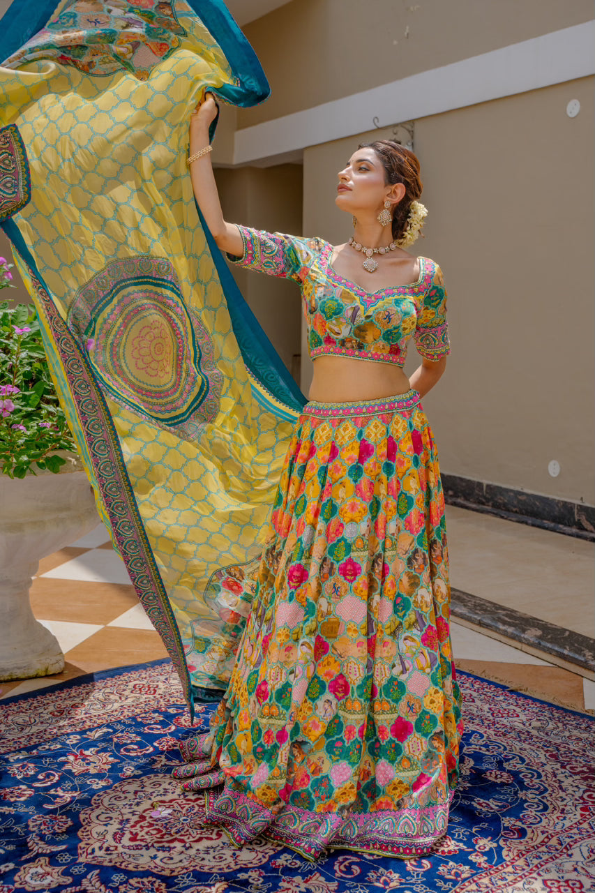 Multi Crepe Lehenga with Zardozi Sequins Kardana Work