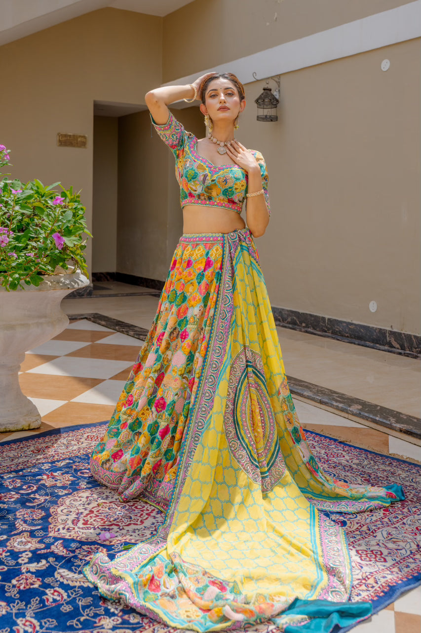 Multi Crepe Lehenga with Zardozi Sequins Kardana Work