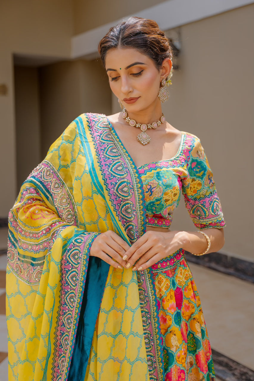 Multi Crepe Lehenga with Zardozi Sequins Kardana Work