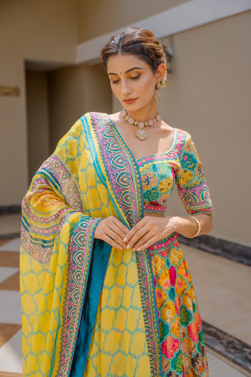 Multi Crepe Lehenga with Zardozi Sequins Kardana Work