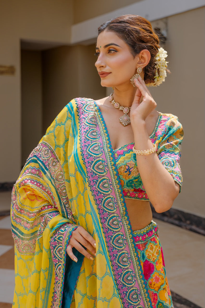 Multi Crepe Lehenga with Zardozi Sequins Kardana Work