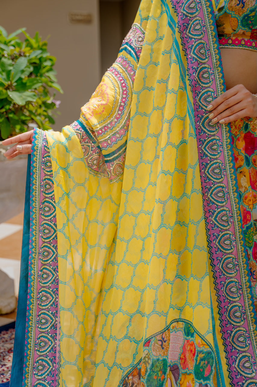 Multi Crepe Lehenga with Zardozi Sequins Kardana Work