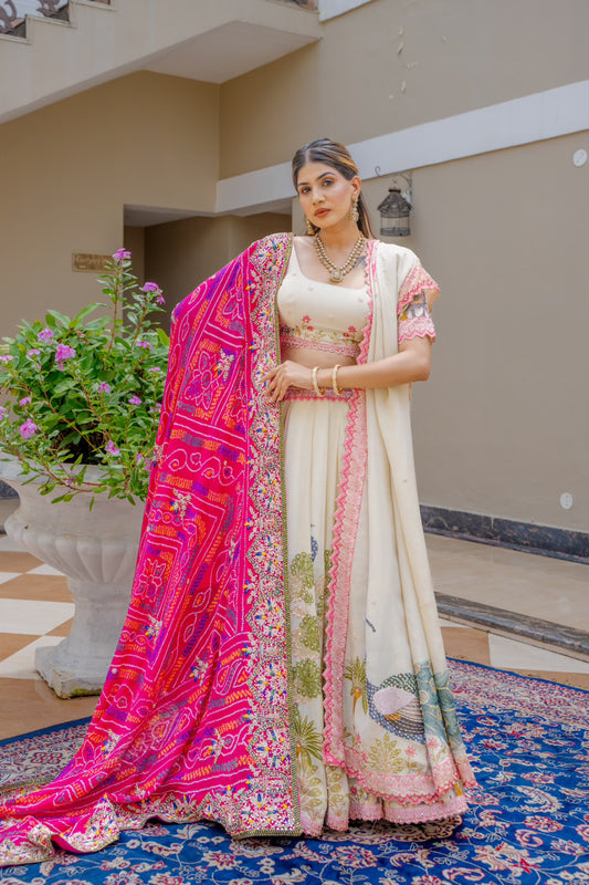 Rani Pure Ojariya Bandhej Chunari with Zardozi Sequins Kardana Thread Lotus Motif Work