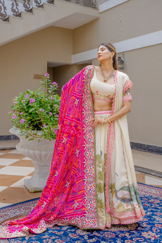 Rani Pure Ojariya Bandhej Chunari with Zardozi Sequins Kardana Thread Lotus Motif Work