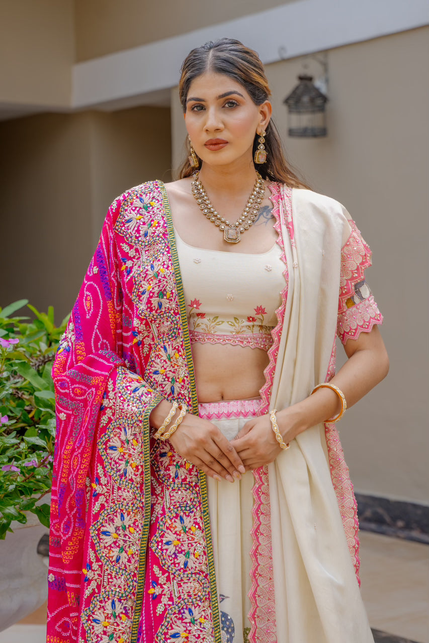 Rani Pure Ojariya Bandhej Chunari with Zardozi Sequins Kardana Thread Lotus Motif Work