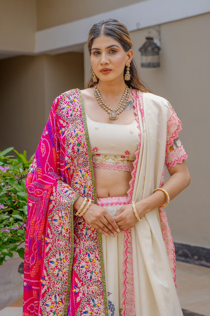 Bridal Dupatta - Rani Pink Bandhej Zardozi Lotus | Wedding Chunari