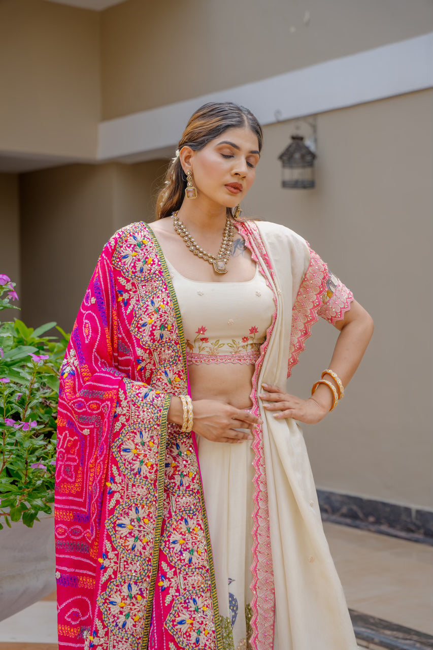 Rani Pure Ojariya Bandhej Chunari with Zardozi Sequins Kardana Thread Lotus Motif Work